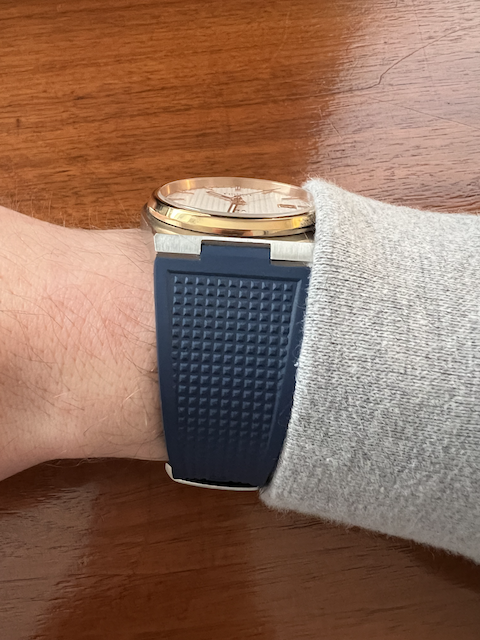 A side view of the watch with the new strap.